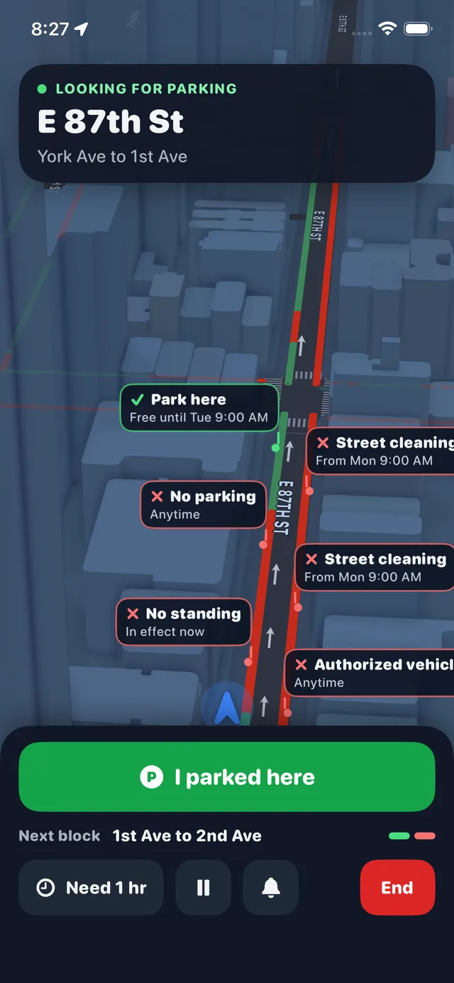 Find parking on East 87th Street, with a green curb marked Park here, red curbs for street cleaning and no standing, and a large I parked here button
