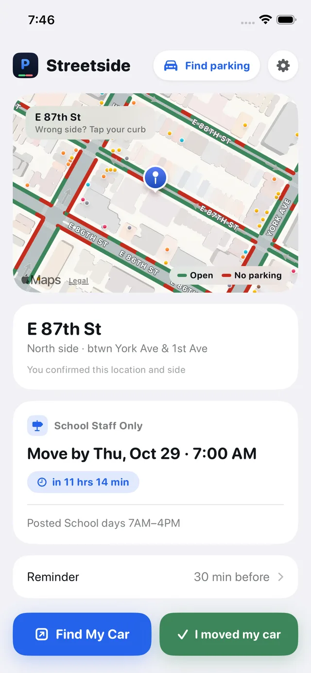 Map of East 87th Street with green and red curbs, a saved parking pin, a Wrong side? Tap your curb hint, and Move by Thursday 7 AM