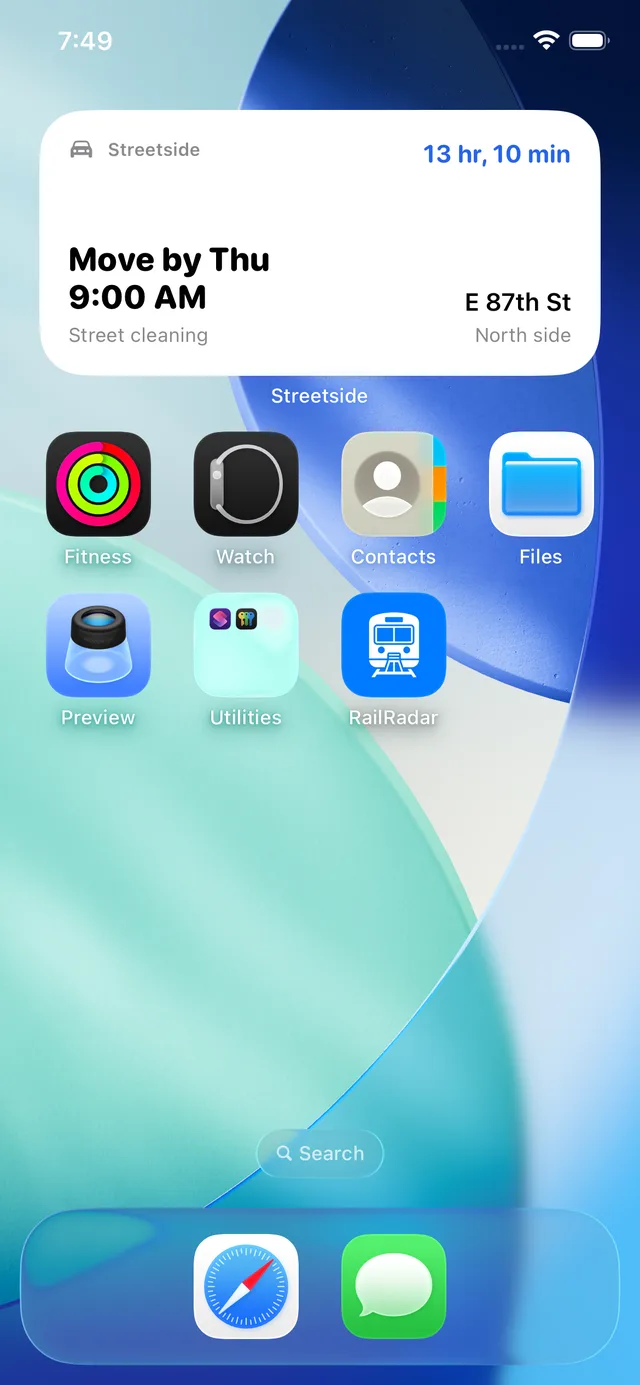 Home Screen widget reading Move by Thursday 9 AM, street cleaning, East 87th Street north side, 13 hours 10 minutes